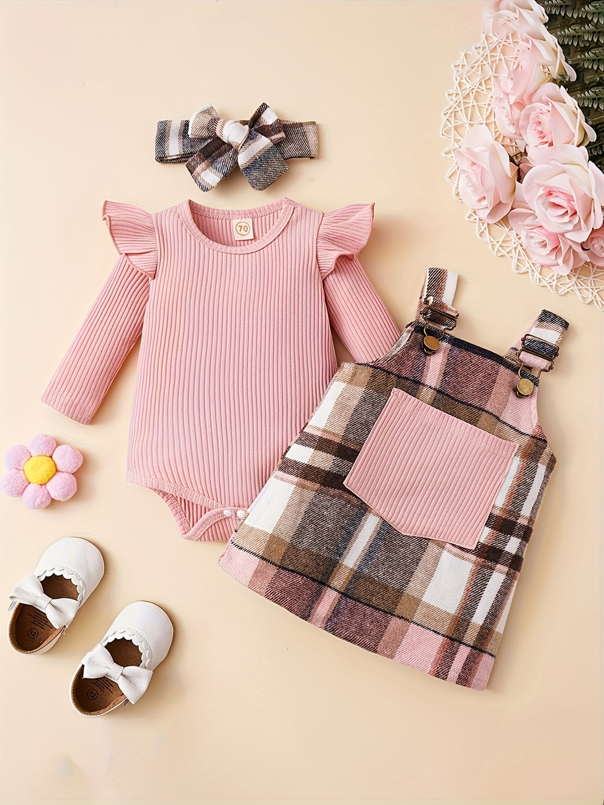 3-piece Baby Girl Autumn Solid Color Pit Stripe Long Sleeve Jumpsuit with Chest Pocket & Adjustable Shoulder Strap - Plaid Skirt & Headband Set - For Girls 0-12 Months - Perfect for Fall Outfits & Photoshoots - Ideal Gift for