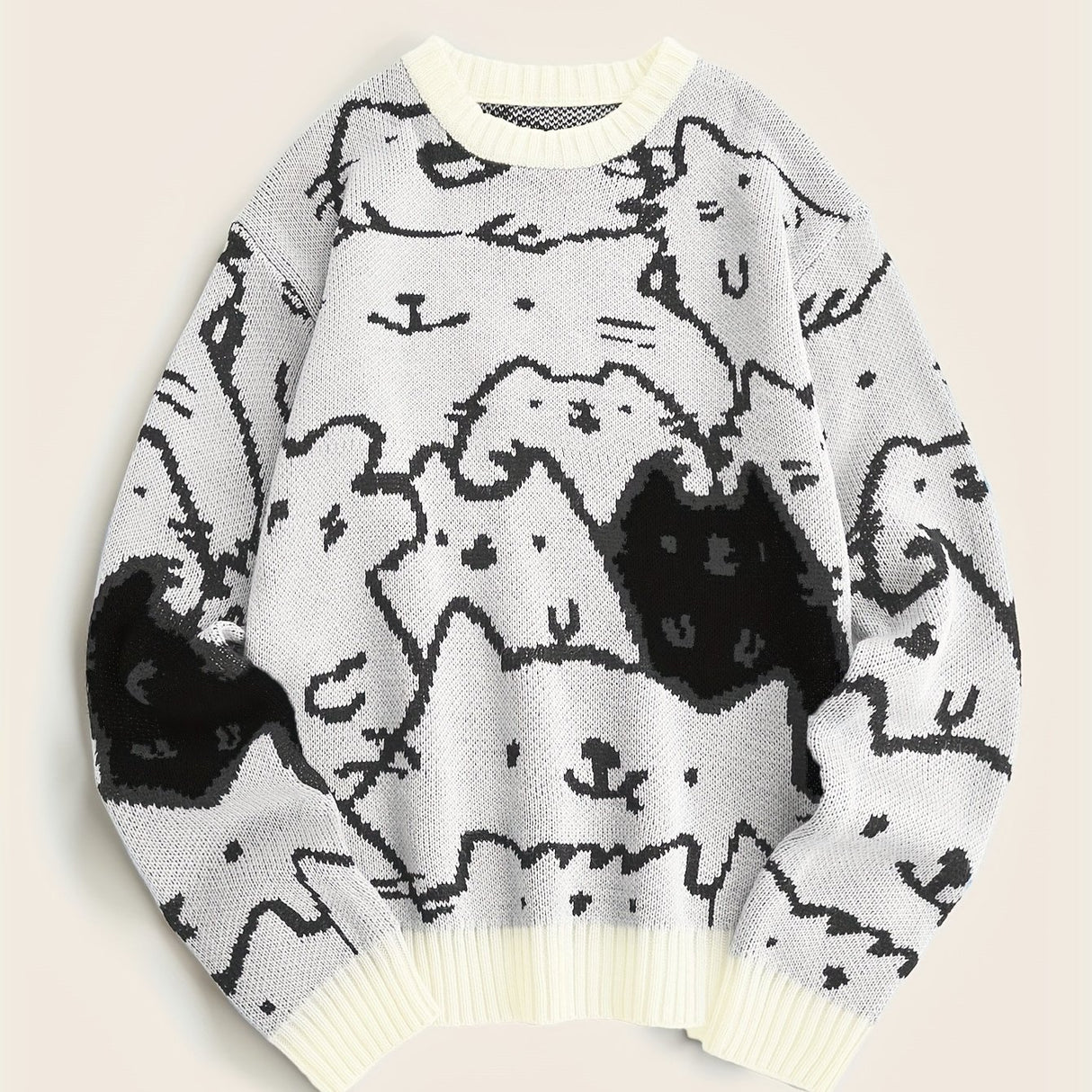 Cute Cats Pattern Knitted Sweater, Men's Casual Warm Slightly Stretch Crew Neck Pullover Sweater For Men Fall Winter