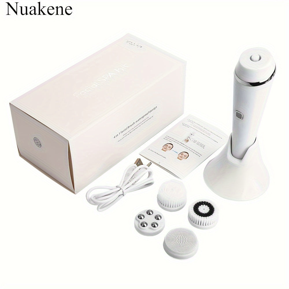 Nuakene 4-in-1 Rechargeable Electric Facial Cleansing Brush - Soft Bristle Brush, Silicone Facial Cleaner, Facial Massager, Rotating Base, Gentle Exfoliator, Deep Cleaning, Holiday Gift for Women