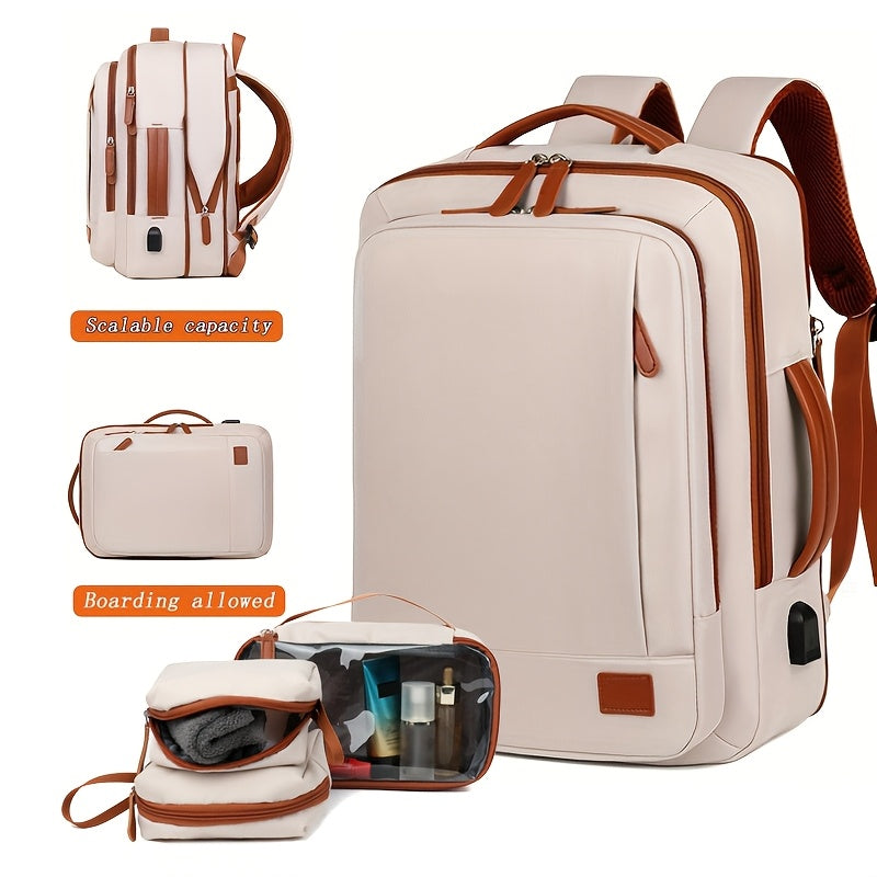 Expandable Large Capacity Backpack with Laptop Sleeve - Lightweight, Durable Oxford Travel & School Bag with Wet/Dry Compartment, Adjustable Straps, and Handheld Design - Beige with Brown Accents, School Shoulder Bag|Sleek De