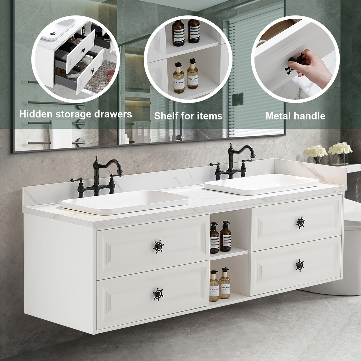 72×23×21inch Wall Hung Wood Frame Doulble Sink Bath Vanity Cabinet Only In Bathroom Vanities Without Tops With Roomy Storage Compartments For Holding Bathroom Essentials