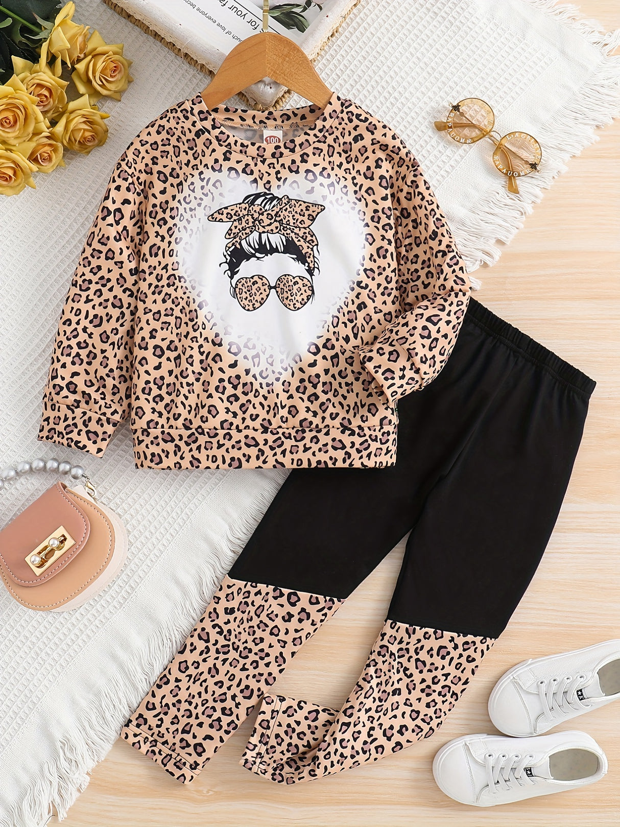 Girl's Camouflage Pattern 2pcs, Long Sleeve Top & Pants Set, Anime Sunglasses Girl Print Casual Outfits, Kids Clothes For Spring Fall