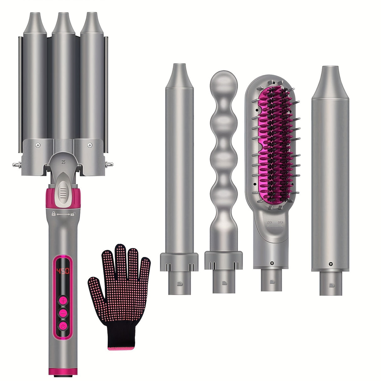 Multifunction 5 In 1 Curling Iron Set, Heat Resistant Gloves And 3 Tubes Hair Curler And Hair Straightener Brush For Girls, 60 Minutes Automatic Power And Intelligent-Temperature Control Curling Iron, Fast Heating Hair Wand C