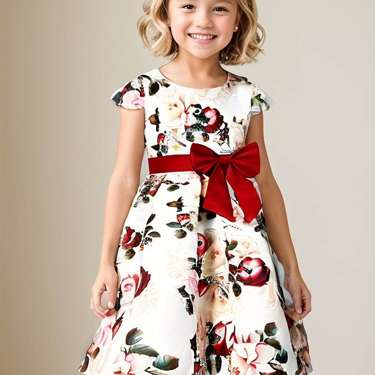 Girls Elegant Floral Pattern Dress Short Sleeves Dresses Kids Clothes For Winter Fall Christmas Gift Party