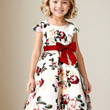 Girls Elegant Floral Pattern Dress Short Sleeves Dresses Kids Clothes For Winter Fall Christmas Gift Party
