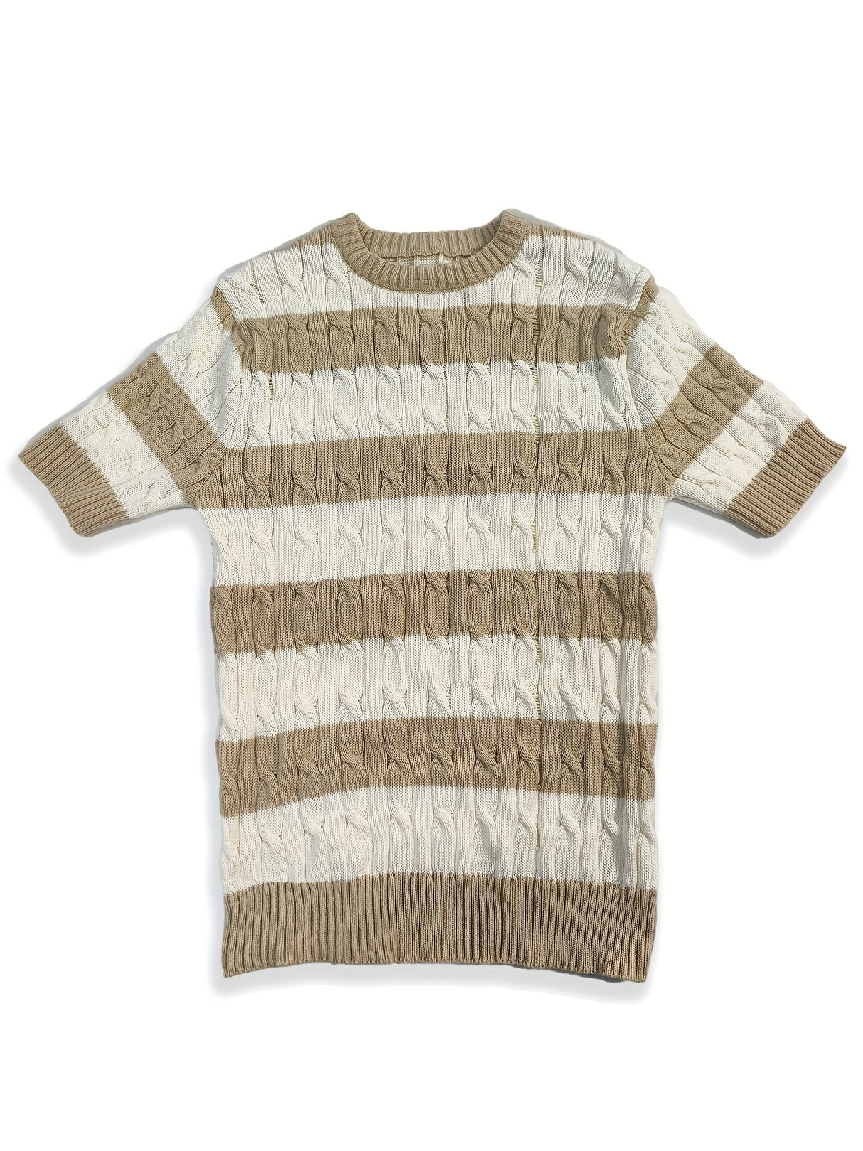 Summer Striped Knit Crew Neck Sweater for Men - Soft Rib-Knit Acrylic Fabric, Regular Fit, Slight Stretch, Dry Clean Only - Perfect Casual Short Sleeve Pullover for Warm Weather