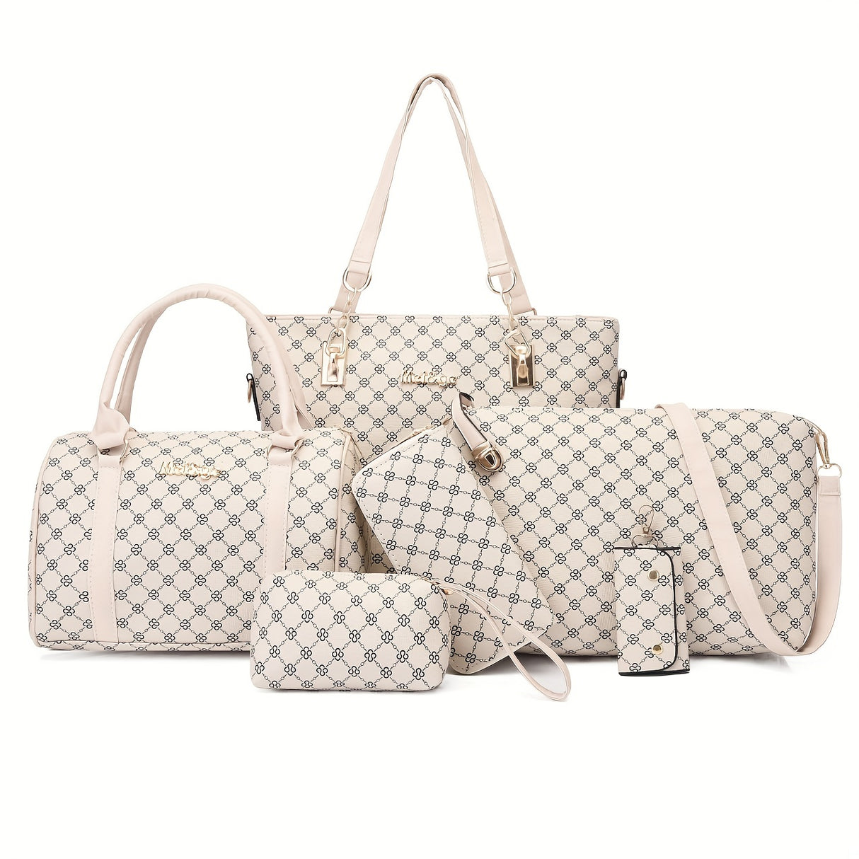 6pcss/set Designer Inspired PU Leather Keychain Wallet Set: Wristlet, Handbag, Crossbody, Tote, Duffle Bag