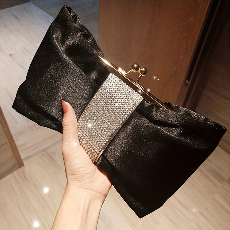 Rhinestone Decor Fashion Clutch Bag, Kiss-Lock Metal Chain Portable Handbag, Women's Purses & Evening Bags