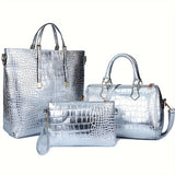3pcs/set Golden Luxury Top Handle Tote Bag, Crocodile Print Satchel Handbag, Women's Fashion Shoulder Bag, Crossbody Bag & Purse