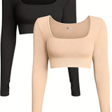 Women'S High-Intensity Yoga & Fitness Long Sleeve Crop Tops - Slimming, Stretchy, Four Seasons, Versatile Wear (2pcs Set), High-Waisted Design, Breathable Fabric, No Belt, Stretchy Fabric, Crop Top, Solid Color