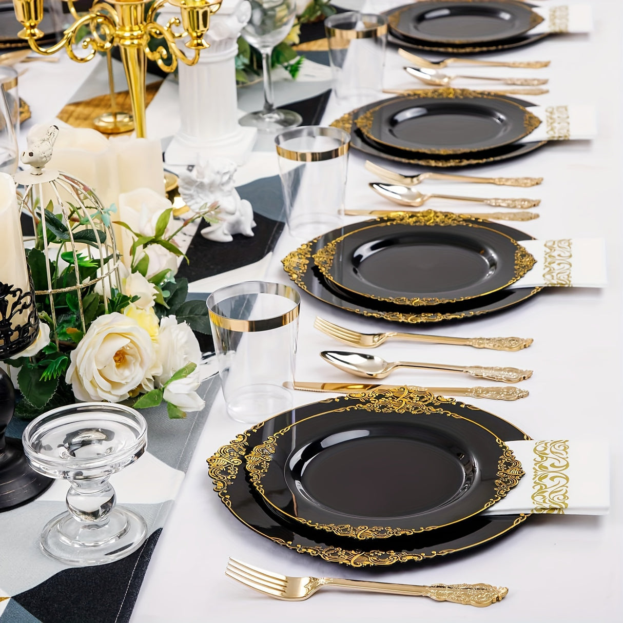 350PCS Black and Gold - Blue and Gold - Rose and Gold Plastic Plates - Black - Blue -Rose Plastic Dinnerware Sets for 50 Guests - 100 Black - Blue -Rose Disposable Plates, 150 Gold Plastic Silverware, 50 Cups, 50 Napkins for