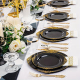 350PCS Black and Gold - Blue and Gold - Rose and Gold Plastic Plates - Black - Blue -Rose Plastic Dinnerware Sets for 50 Guests - 100 Black - Blue -Rose Disposable Plates, 150 Gold Plastic Silverware, 50 Cups, 50 Napkins for