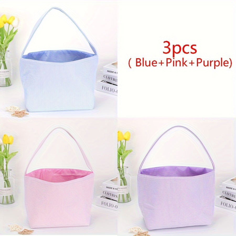 1pc Large Capacity Tote Bag, Easter Gift Bag, Easter Eggs Storage Bucket, Striped Seersucker Bunny Bag, Hunting Easter Eggs Handbag, Easter Party Decorations Gifts Bag, Party Tote Bags, Easter Gift Party Supplies