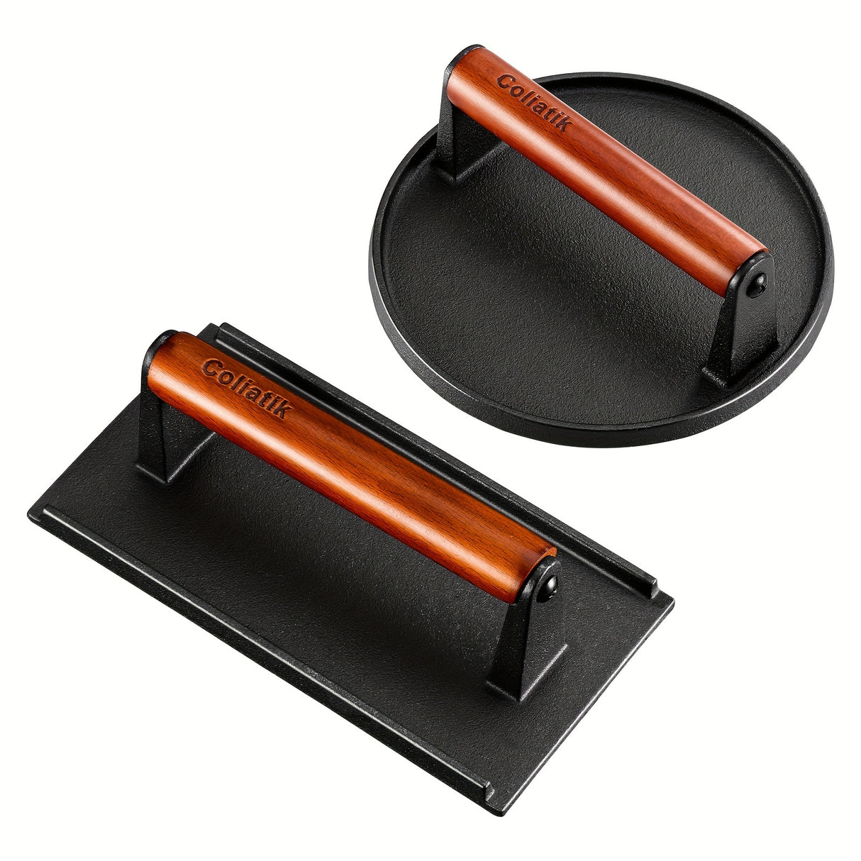 Heavy-Duty Cast Iron Burger Press Kit 7.08" Round & 8.3"X4.3"Rectangle Smash Presses with Wooden Handle-Perfect for Griddle, Grill, and Sandwich Cooking