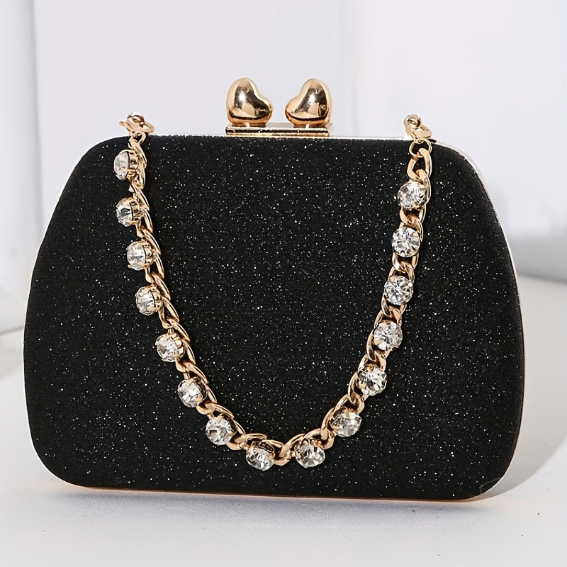 Shimmering Heart Glam Clutch Bag - Studded Chain & Metal Detail - Versatile Evening Wear for Banquets & Parties - Durable PU Material