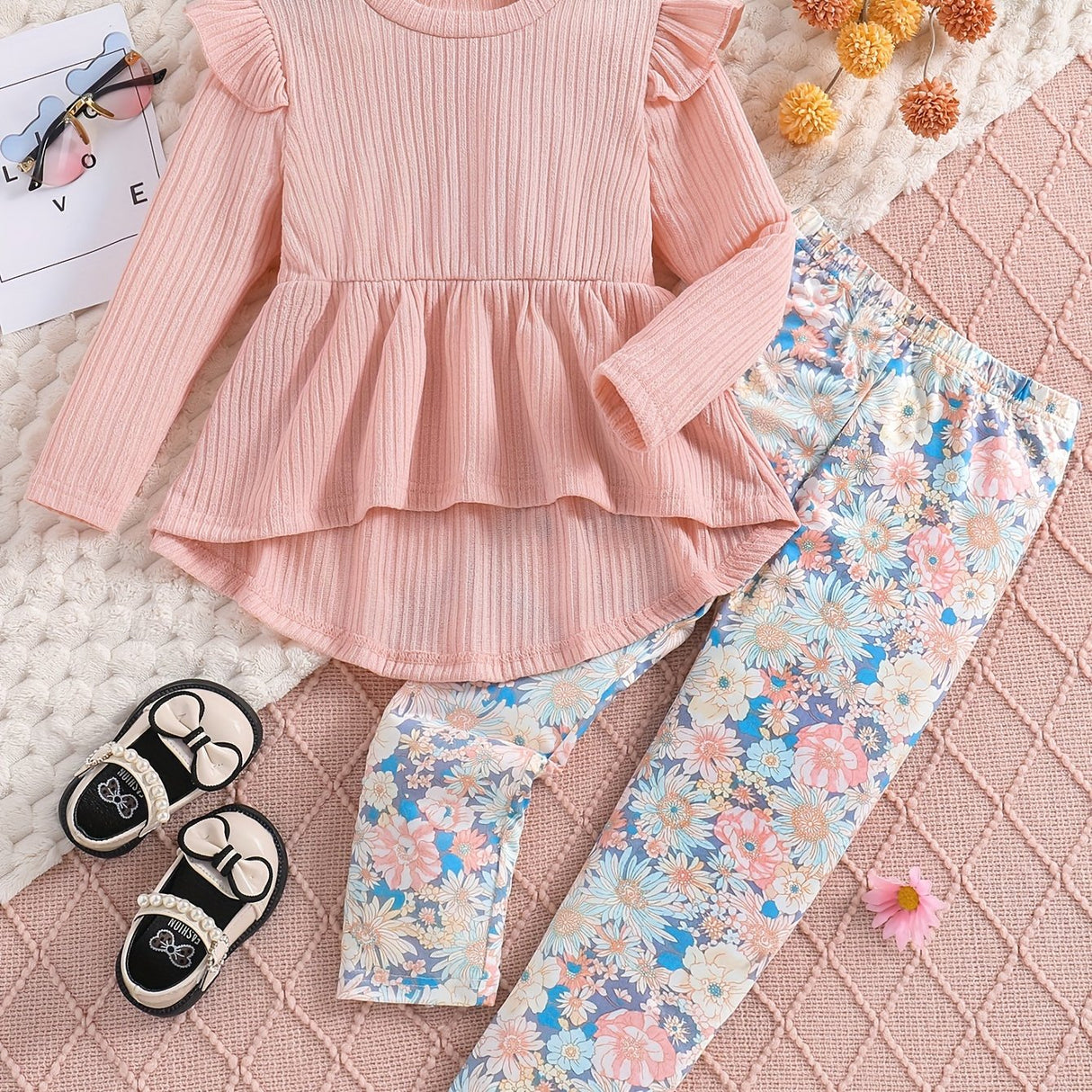 Sweet Outfits 2pcs Girls, Flutter Trim Long Sleeve Pullover + Flora Print Pants Set Kids Clothes Spring Fall