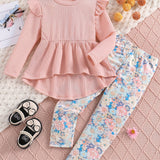 Sweet Outfits 2pcs Girls, Flutter Trim Long Sleeve Pullover + Flora Print Pants Set Kids Clothes Spring Fall