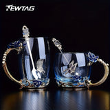 Elegant Ramadan Rose Enamel Glass Tea Cup with Spoon - BPA-Free, Crystal-Embellished Mug for Hot Drinks, Ideal Gift