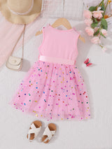 Vibrant Colorful Dot Pattern Flutter Sleeve Crew Neck Mesh Dress - Flowy Sleeves, Breathable Fabric, Matching Belt - Perfect Summer Gift for Little Girls and Princesses, Girls Clothing Collection