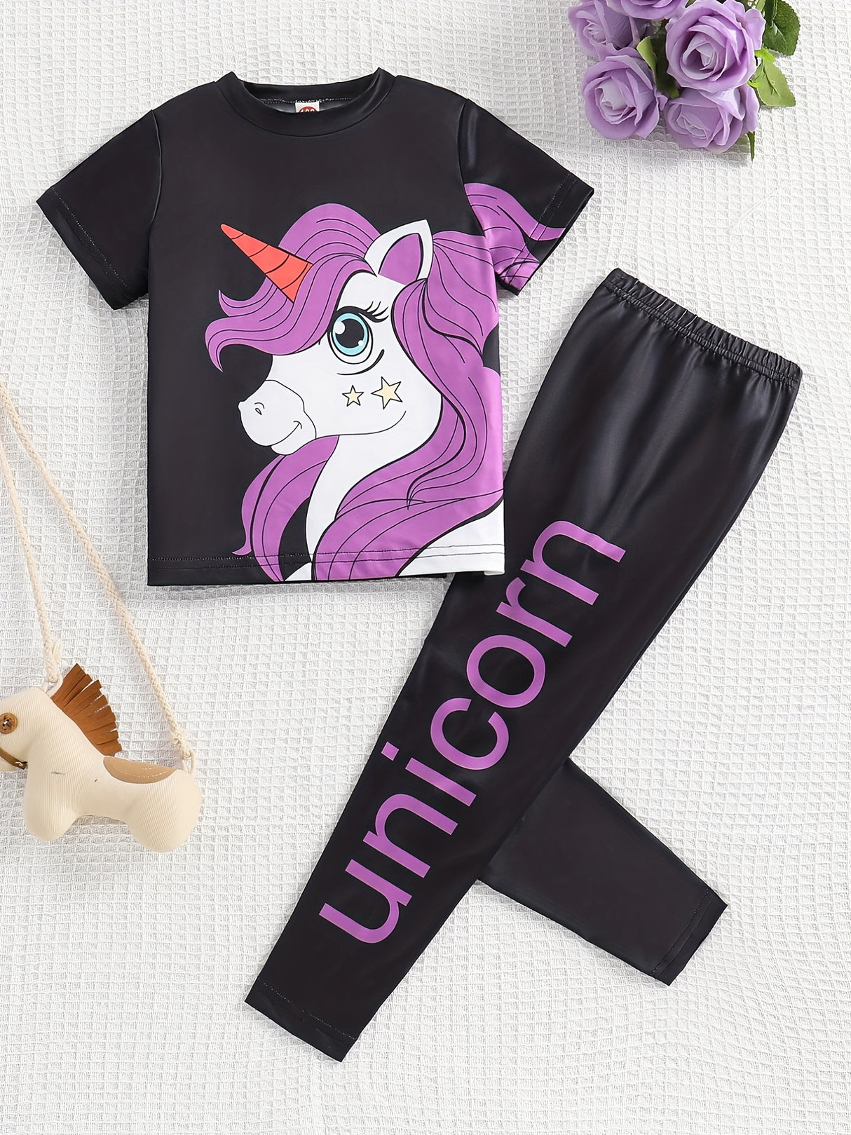 Girl's 2pcs T-shirt & Elastic Waist Pants Set, UNICORN Print Short Sleeve Tee Top, Casual Outfits, Kids Clothes For Summer