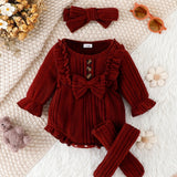 3pcs Baby Girl Ruffled Lace Bow Onesie & Headband & Socks Outdoor Set, Fall Winter Warm Outwear, Pregnant Mom's Gift