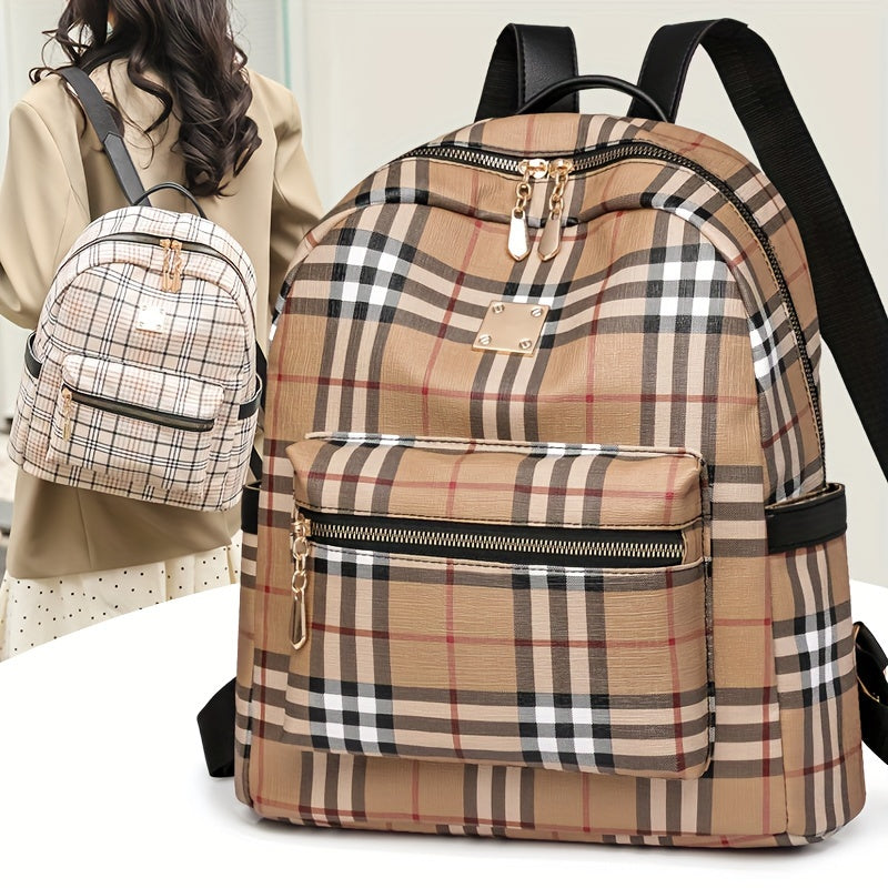 Vintage Plaid PU Material Women's Backpack With Adjustable Straps And Zipper Closure, Casual Style Large Capacity Travel School Bag