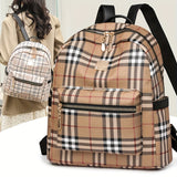 Vintage Plaid PU Material Women's Backpack With Adjustable Straps And Zipper Closure, Casual Style Large Capacity Travel School Bag