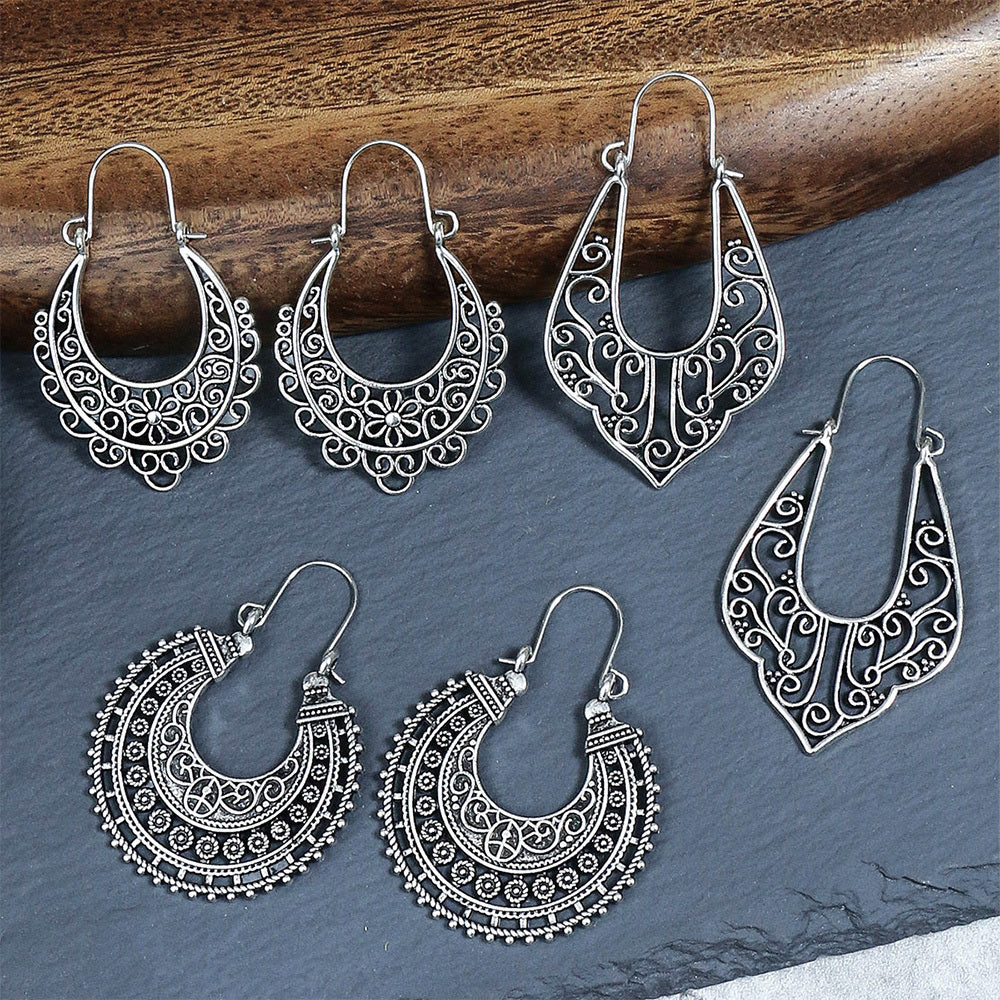 Boho Hollow Dangle Earrings - Vintage Ancient Silver U-Shaped Jewelry for Women