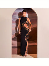 Chic Fashion] Stylish Sleeveless Maxi Dress with Golden Snake Motif, Side Slit & Cut-Out Details – Sexy Solid Color Black Polyester Dress for Women, Perfect for Spring/Summer Fashion, Chic Outfit | Glamorous Attire | Elegan