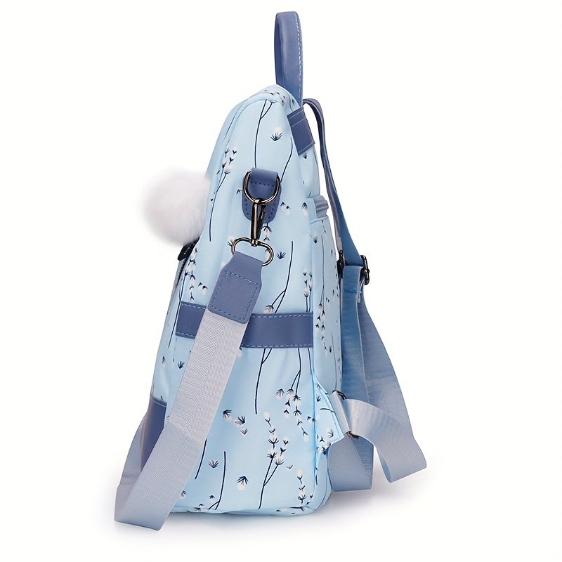 Pompom Decor Anti-Theft Travel Backpack Purse For Women - Floral Print Shoulder Bag - School Bag
