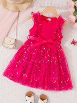 Vibrant Colorful Dot Pattern Flutter Sleeve Crew Neck Mesh Dress - Flowy Sleeves, Breathable Fabric, Matching Belt - Perfect Summer Gift for Little Girls and Princesses, Girls Clothing Collection