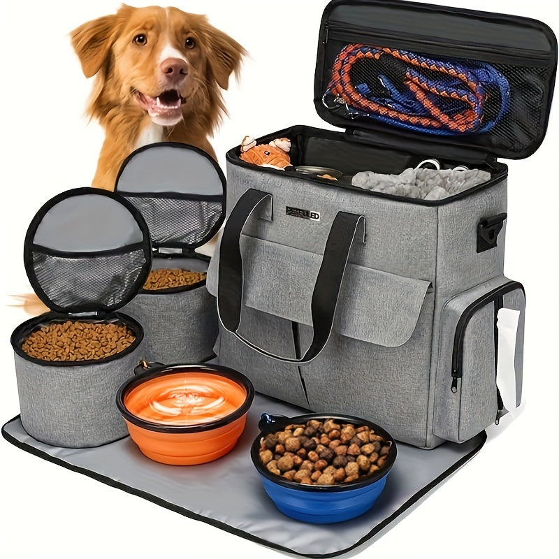 Travel Bag for Pets, a Weekend Travel Set for Dogs And Cats, Airline-Approved Tote Bag with Storage, Featuring Multiple Pockets, 2 Pet Food Containers, And 2 Collapsible Silicone Bowls.