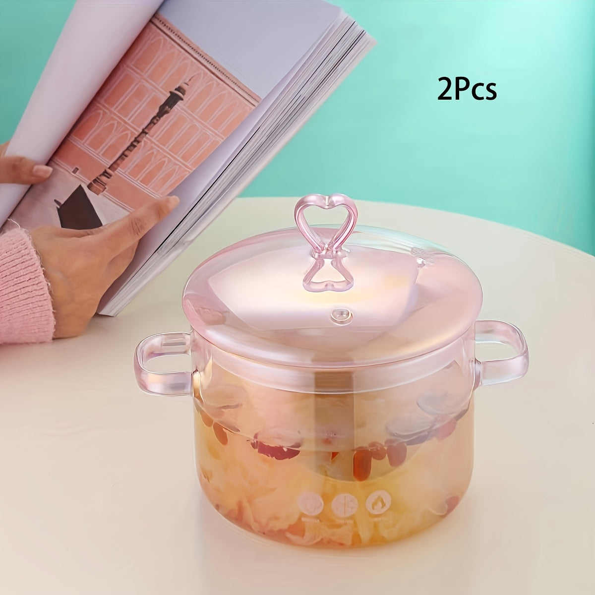 2 Pack -1500ml/50.7oz - Household Pink Double Ear Glass Pot, Double Handle Soup Health Pot, Electric Pot For Soup, Open Fire Stew Pot, Innovative Pink Glass Pot - Pink Girl Cute Cooking Pot