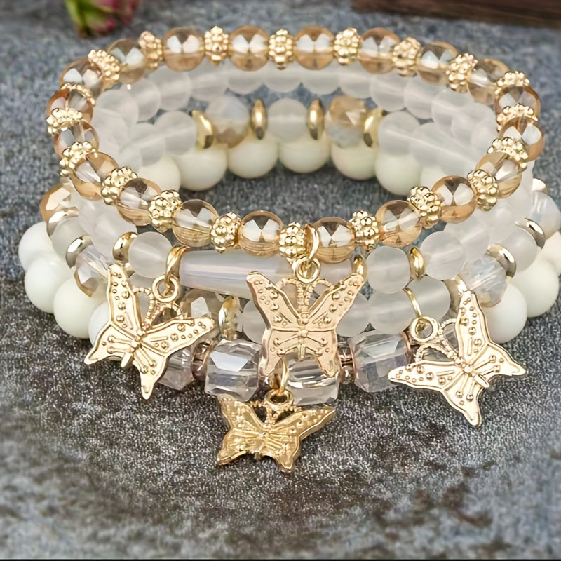 4pcs/set Bohemian Style Butterfly Charm Colorful Beaded Bracelets, Cute Hand Jewelry Gift For Girls