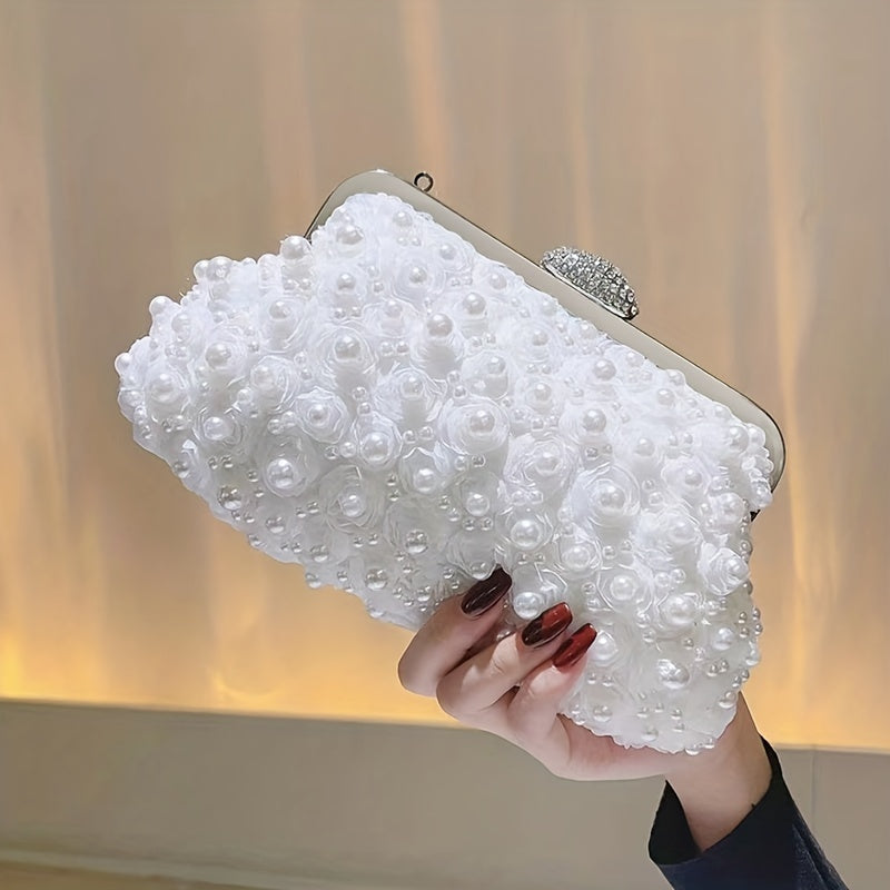Luxurious Faux Pearl Evening Clutch Bag - 3D Flower Embellished, Top Ring Design, Wedding Bridal Prom Banquet Purse with Elegant Look and Compact Size