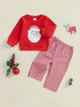 Toddler Boys Christmas Outfits Santa/Truck Embroidery Long Sleeve Sweatshirts and Plaid Long Pants 2Pcs Clothes Set