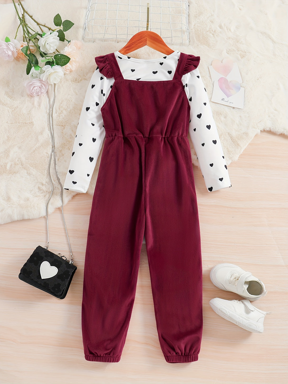 Girl's 2pcs, Bowknot Decor Corduroy Overalls & Heart Allover Print Top Set, Casual Outfits, Kids Clothes For Spring Fall