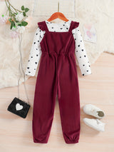 Girl's 2pcs, Bowknot Decor Corduroy Overalls & Heart Allover Print Top Set, Casual Outfits, Kids Clothes For Spring Fall