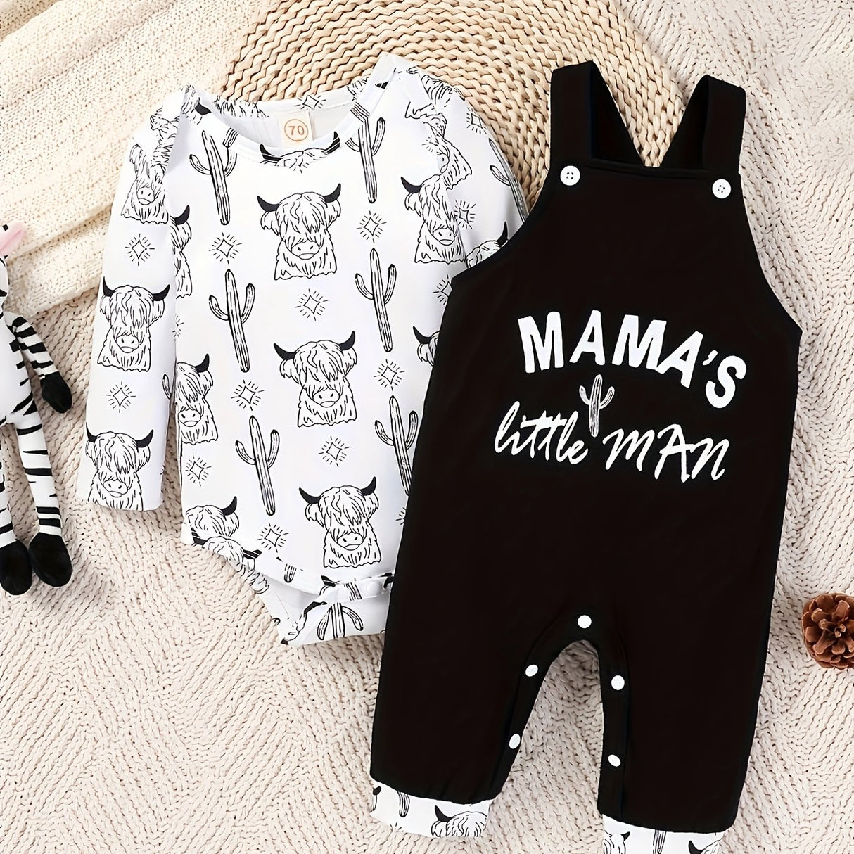 2pcs Of Baby Boy Autumn Style Cow Head Print Long Sleeved Shirt+overalls with Letter Print Set, Perfect for Outdoor