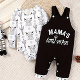 2pcs Of Baby Boy Autumn Style Cow Head Print Long Sleeved Shirt+overalls with Letter Print Set, Perfect for Outdoor