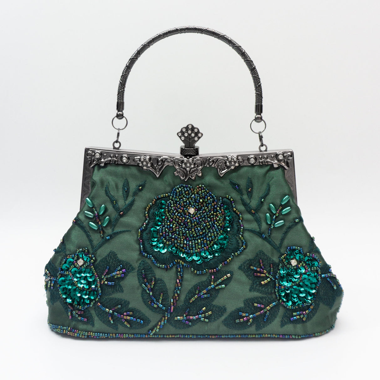 Vintage Floral Embroidered Clutch Handbag, Removable Strap, Buckle Closure, Polyester Lining, Dark Green Champagne Silvery Grey Burgundy Black Grey Golden Blue for Wedding Party