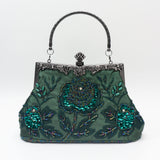 Vintage Floral Embroidered Clutch Handbag, Removable Strap, Buckle Closure, Polyester Lining, Dark Green Champagne Silvery Grey Burgundy Black Grey Golden Blue for Wedding Party
