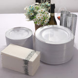 500 Pcs Golden Plastic Plates with Golden Silverware, White Golden Plastic Dinnerware Set for Party include: 100 Dinner Plates 10.25 inch, 100 Dessert Plates 7.5 inch, 100 Golden Silverware Sets