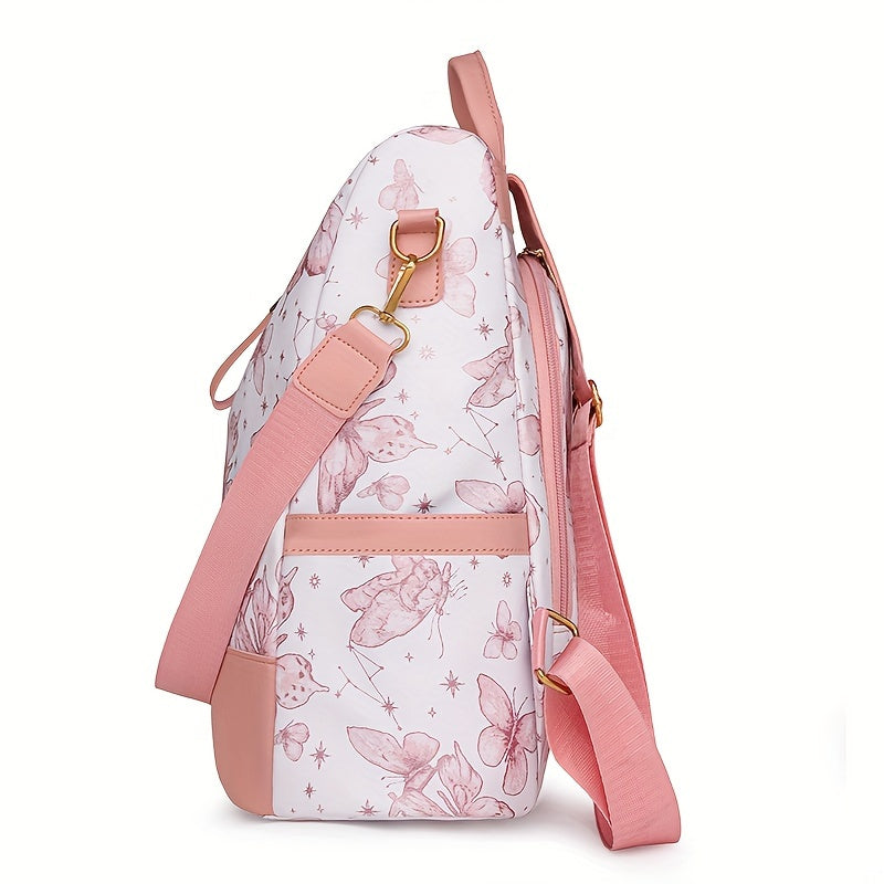 New Chinese Style Silvery Butterfly Print Bag for Women PU Soft This Year's Popular Versatile Single Shoulder Double Shoulder Handbag Trendy Anti-theft School Bag Large Capacity Simple Commuting Outdoor Travel Work Women's Ba