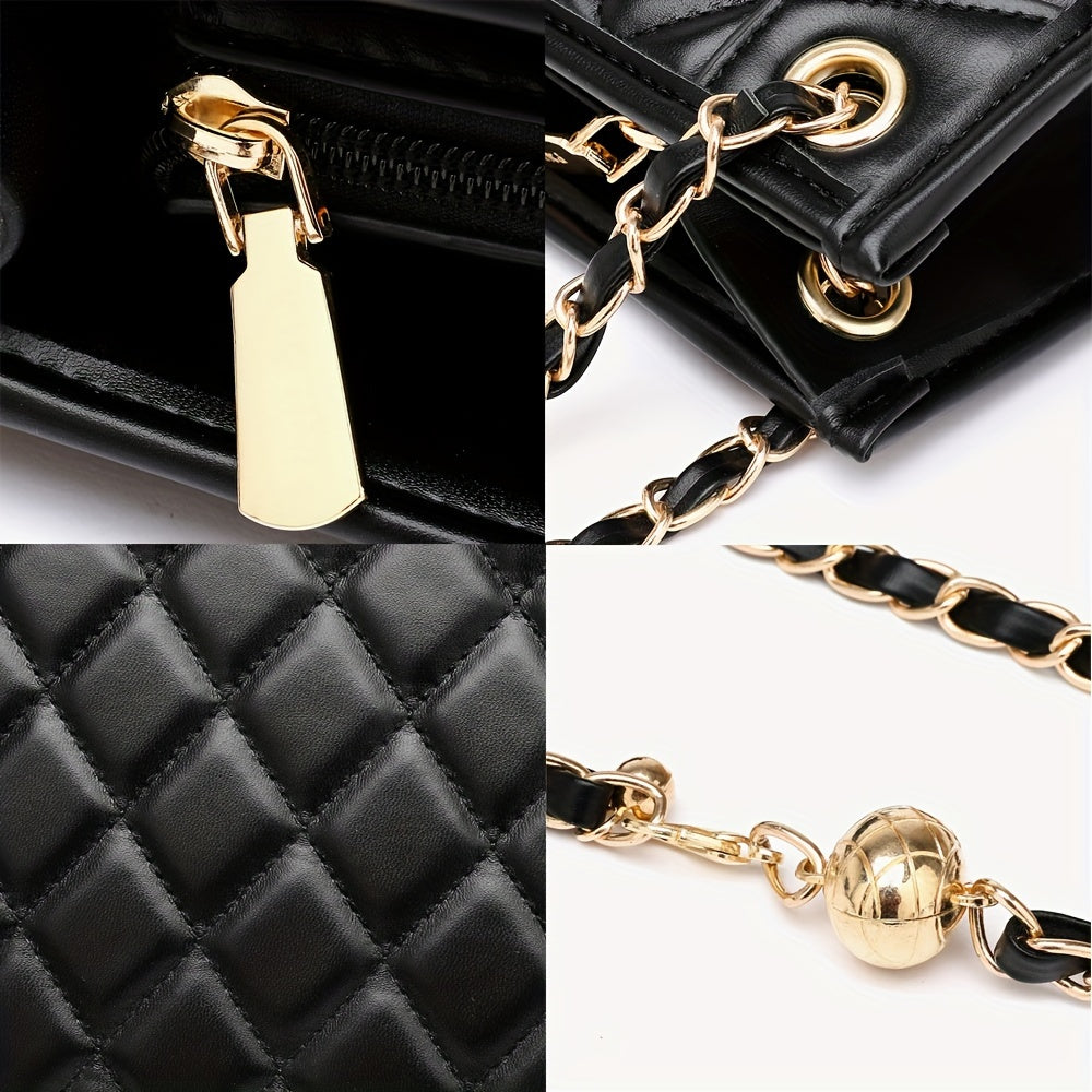 Luxury Quilted Faux Leather Tote Bag For Women With Adjustable Chain Strap, Classic Crossbody Handbag For Daily Outfits