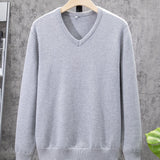 All Match Knitted Solid Sweater, Men's Casual Warm Slightly Stretch V Neck Pullover Sweater For Men Fall Winter