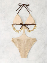 Chic & Slimming Beige One-Piece Swimsuit for Women - Sexy Halter Neck with Golden Chain Detail, Removable Pads, High-Cut Design, and Textured Fabric for a Stylish Beach Look, Bathing Suits