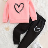 Girl's 2pcs, Sweatshirt & Sweatpants Set, Love Heart Print Long Sleeve Top, Casual Outfits, Kids Clothes For Spring Fall