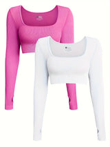 OQQ Women's 2 Piece Crop Top Ribbed Seamless Workout Exercise Long Sleeve Crop Tops