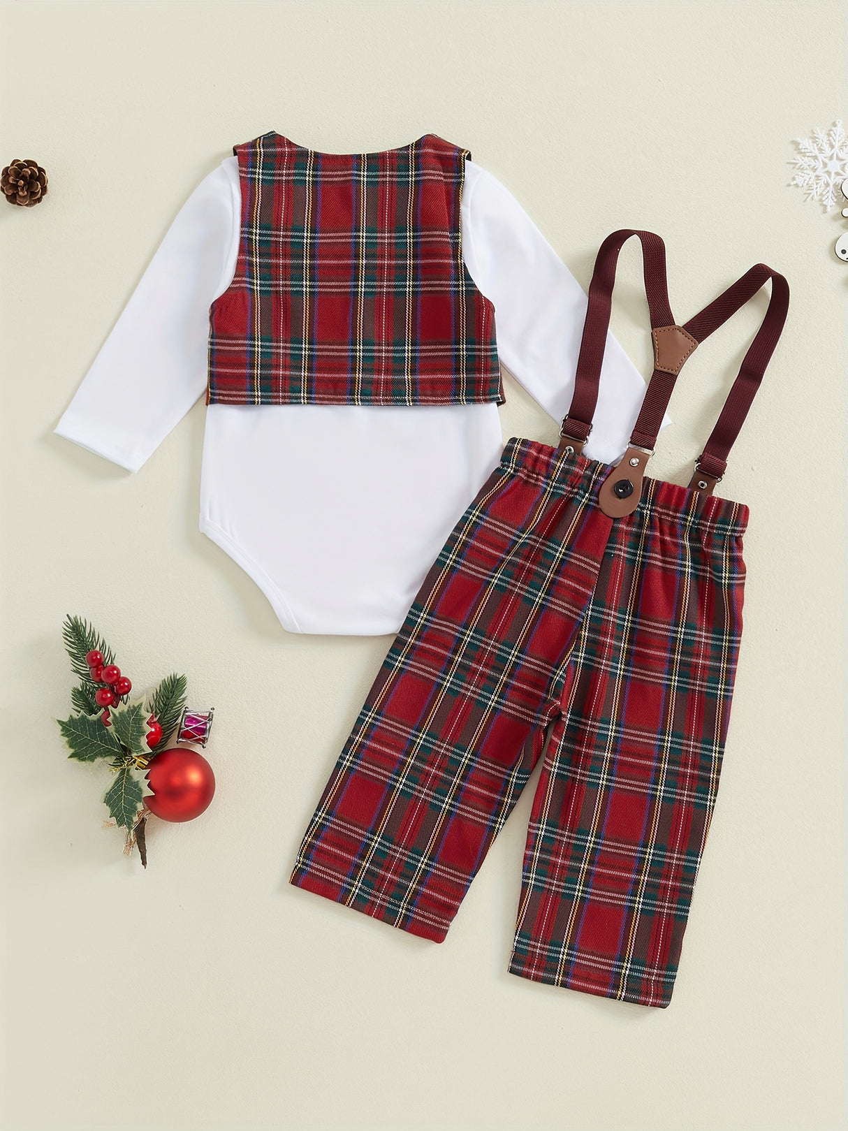 Baby Boy Christmas Outfit, Long Sleeve Romper with Plaid Overall Pants and Vest Infant Outfit